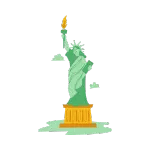 Green Statue of Liberty illustration holding a golden torch against a black background.