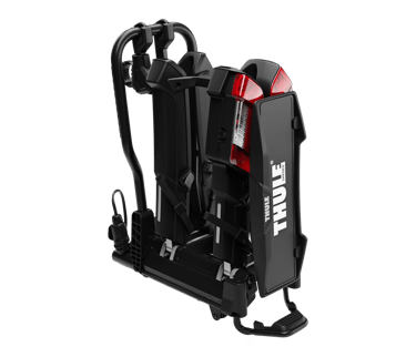Thule bike rack in upright folded position showing space-saving design.