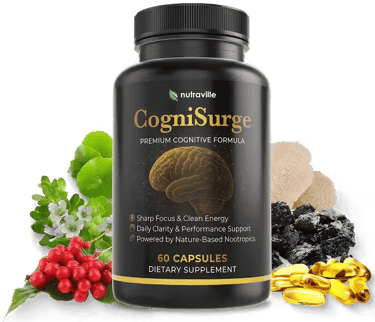 Nutraville CogniSurge premium cognitive nootropic supplement bottle with herbal ingredients for focus and clarity.