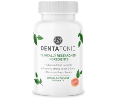 DentaTonic oral health dietary supplement bottle with 30 tablets for strong teeth and gums.