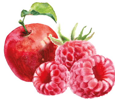 ein roter Apfel und drei Himbeeren