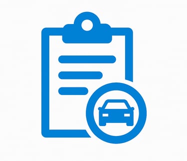Icono azul de checklist con coche, revisión pre-compra de vehículos.