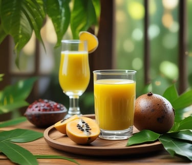 "Suco de jenipapo fresco servido em copos sobre bandeja de madeira, com jenipapo inteiro e cortado a