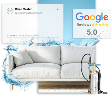 sofá impermeabilizado cercado de água ao lado de equipamento profissional e selo de 5 estrelas do google