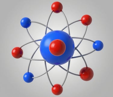 A 3D model of an atom structure with red and blue electrons orbiting a central nucleus.
