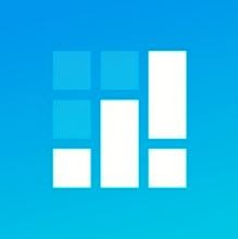 a blue and white square logo with a white background