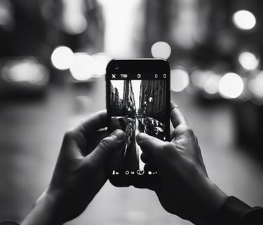 A black and white picture of someone using their phone