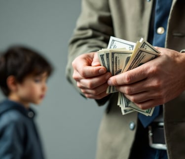 imagem ilustra um adulto escondendo  a realidade dos filhos por causa das dívidas com jogos de azar.
