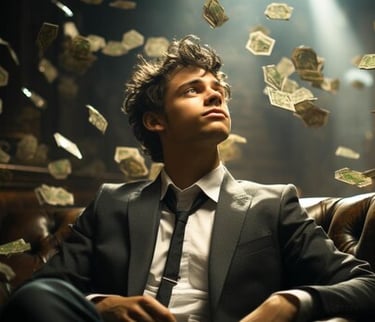 imagem de um jovem sentado numa cadeira, refletindo sobre mentalidade financeira e com dinheiro. 