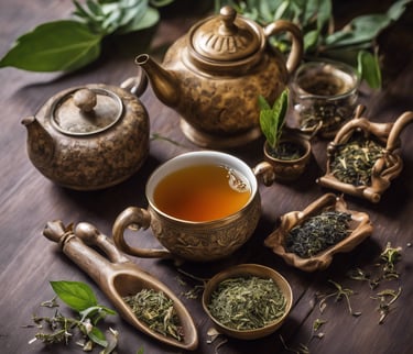 a teapot with tea and teapots on a table