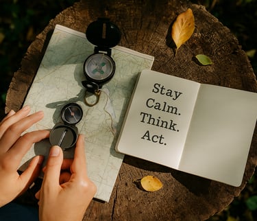 Compass notebook and leaf on tree stump with survival reminder to stay calm and navigate safely in the wilderness
