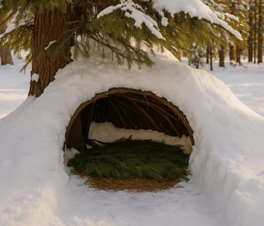 Bushcraft snow shelter dug under evergreen tree with pine bedding for cold weather wilderness survival