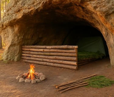 Primitive rock shelter with survival fire pit, pine bedding, and log windbreak for bushcraft camping