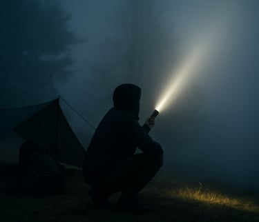Camper signaling with flashlight in dark forest near shelter to attract rescue attention