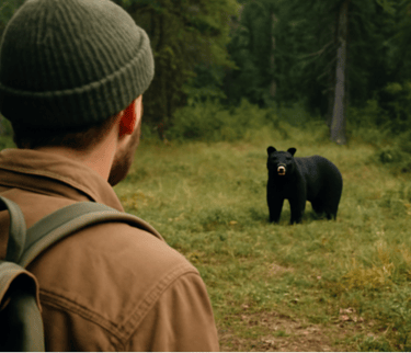 Hiker encounters black bear on forest trail during wilderness trek showing wildlife safety and bear awareness