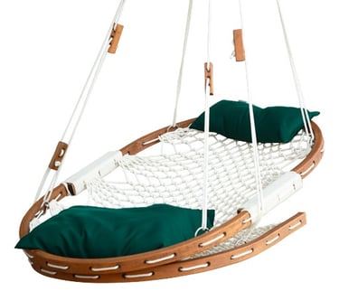Oval indoor macrame hanging chair forest green pillow