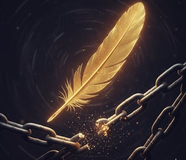Piuma dorata che si libera da catene nere
