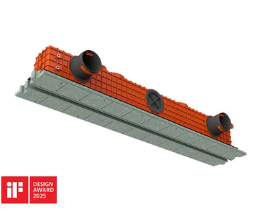 ERGOVENT LINEO PRO PUZZLE 75-90mm angled view with orange plenum, gray gypsum frame and iF Design Award 2025 badge