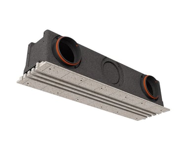 ERGOVENT LINEO PRO PUZZLE CONDI 150-160 angled view showing insulated dark plenum with round duct inlets and gypsum frame