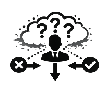 Professional businessman silhouette making a difficult decision with question marks and checkmark icons.