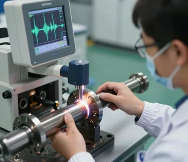 A quality inspector in cleanroom uniform using a high-precision ultrasonic flaw detector on a steel axle weld, screen displaying wave patterns, sharp focus.