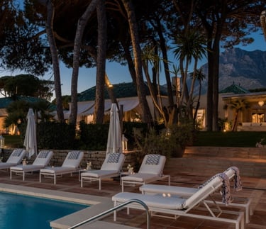 Dusk view over the pool area at Villa El Rincon