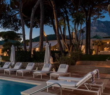 Villa El Rincon pool terrace illuminated at night