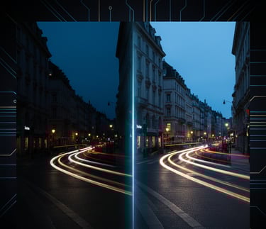 Uma cena de rua urbana com um poste de luz em primeiro plano.
