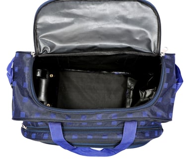 blue duffle bag showing main open compartment