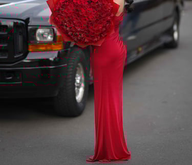 Birthday photoshoot with red roses and black limo, shot by Fred Art Studio