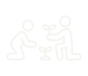 White line icon showing two people planting young green saplings for environmental sustainability.