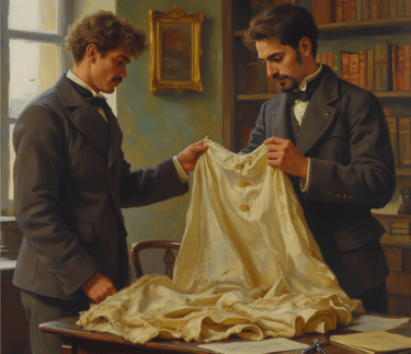 Two young men examine an old, faded wedding dress.