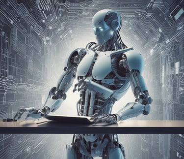 A person is typing on a silver laptop with a screen displaying text about designing digital solutions for big customers. Nearby, there is a black smartphone and white earphones placed on the desk. The person's sleeves are light blue, suggesting a casual attire.