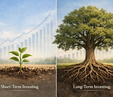 Short-term vs long-term investing shown as a small plant and a large tree.