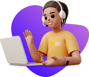 clipart image of a friendly person waving hand into the laptop on the purple gradient background