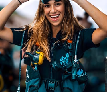 Smiling woman preparing for a dive in Gili Trawangan, excited for her personalized scuba experience.