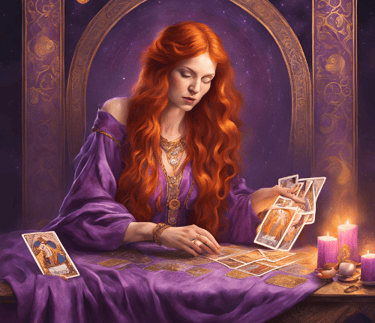 une femme habillée en violet lis le tarot en un clin d'œil avec âme et guérison