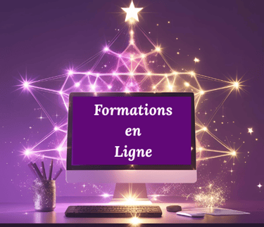 un ordinateur sur fond violet et une géométrie sacrée cours en ligne avec âme et guérison