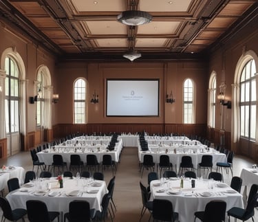 a large room with tables and chairs and a projector