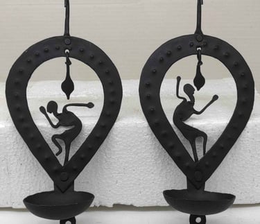 "Tribal handcrafted twin-holder hanging oil lamp–wrought iron decor-for foreign markets"