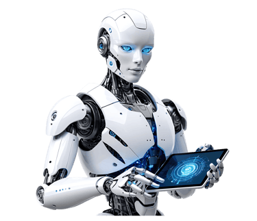 a robot with a laptop and a tablet