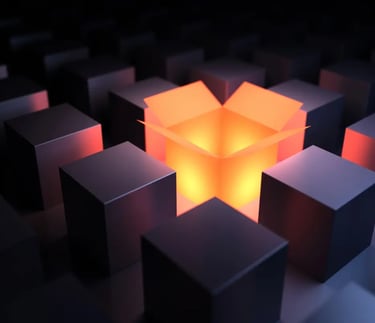 A glowing open box is surrounded by closed grey boxes.
