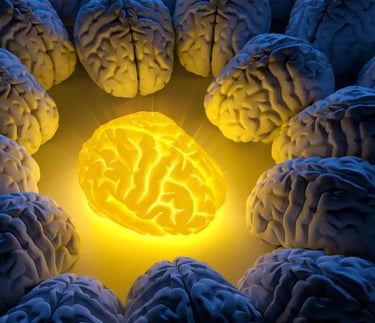 A yellow glowing brain in the middle of darker brains, illuminating them.