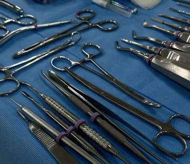 Sterile stainless steel surgical instruments and dental tools arranged on a blue medical tray.