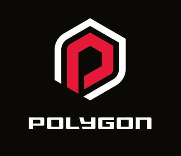 Modern Polygon logo with a red letter P inside a white hexagon frame on a black background.