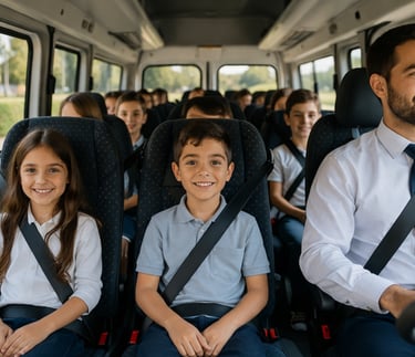 Smiling school children wearing seatbelts on a shuttle bus with a professional driver.