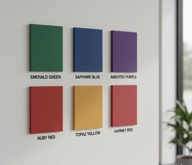 Six colorful gemstone-themed acoustic wall panels displayed in a modern office interior.