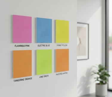 Six colorful acoustic wall panels in pink, blue, yellow, orange, and green for interior design decor.