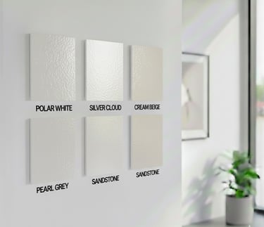 Textured wall paint color samples including Polar White, Silver Cloud, and Pearl Grey.