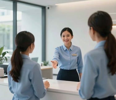 A professional South East Asian / Indonesian office receptionist in a neat uniform greeting people in a modern, brightly lit corporate lobby with glass walls and minimalist furniture. The color scheme features soft blues and whites, creating a trustworthy and professional atmosphere.